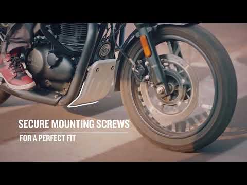 Silver sump guard mounted on RE Hunter 350 engine underside