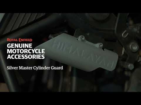 Close-up of 1990219 silver master cylinder guard for himalayan 411 , aluminium finish