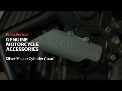 Close-up of 1990219 silver master cylinder guard for himalayan 411 , aluminium finish