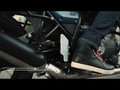 Close-up of 1990219 silver master cylinder guard for himalayan, aluminium finish