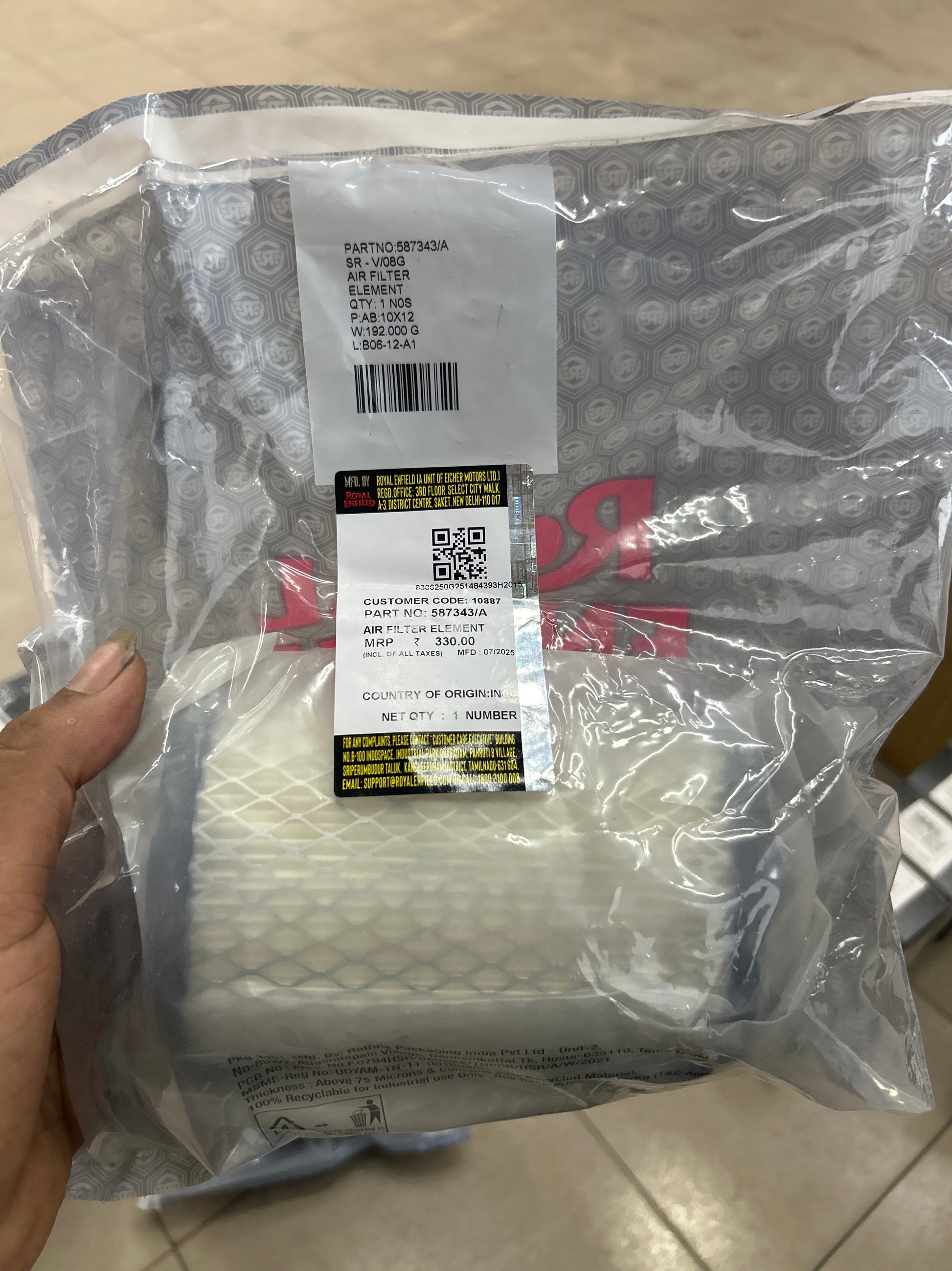 Genuine Royal Enfield Himalayan 411 Air Filter Element 587343/A – OEM replacement