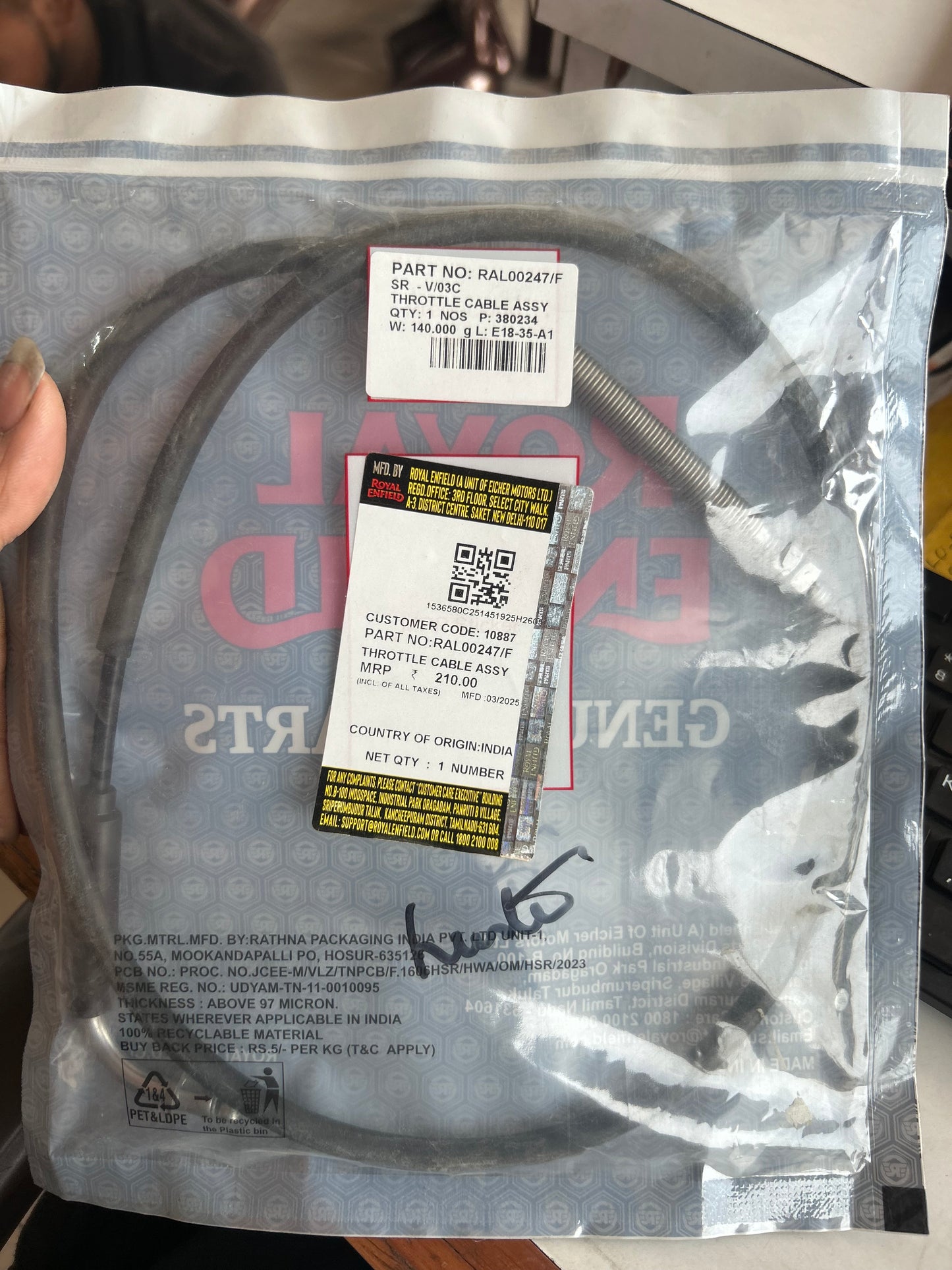 RAL00247/F throttle cable assembly for Royal Enfield Hunter 350 J-Series BS6